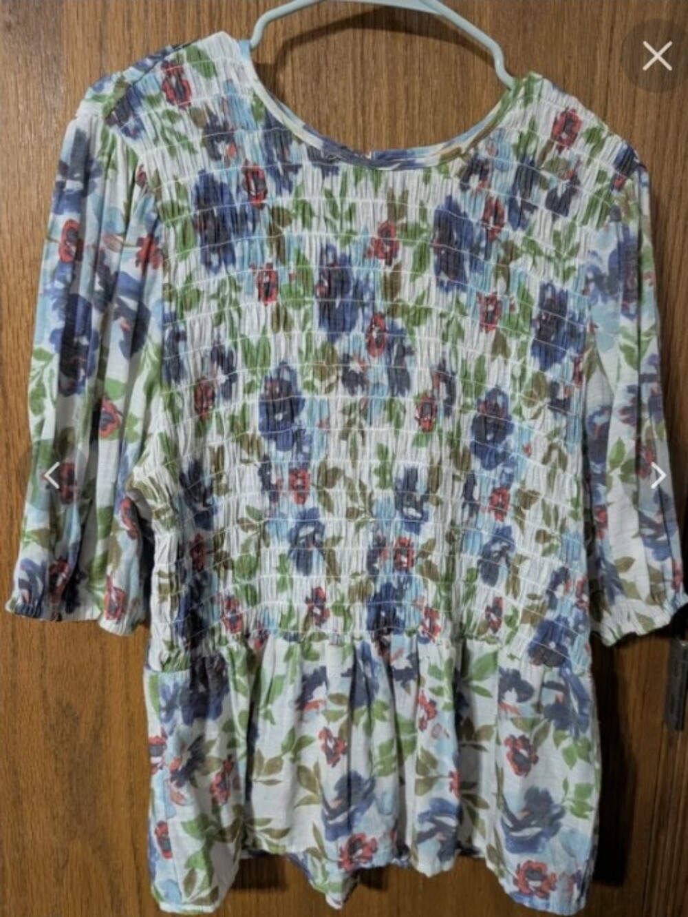 Hope & Harlow Sz XL Smocked Floral Peplum Blouse - Blue & Green